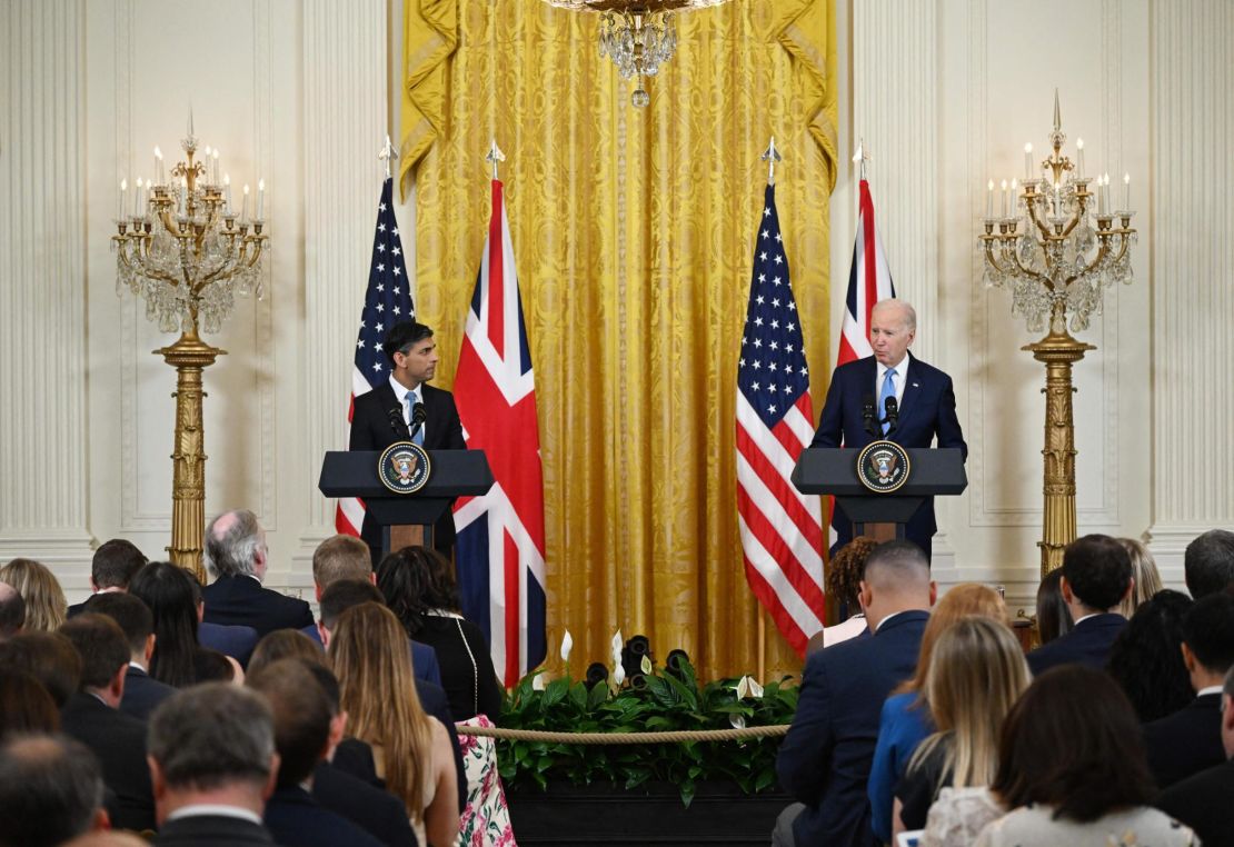 US President Joe Biden and British Prime Minister Rishi Sunak hold a joint-press conference in the East Room of the White House in Washington, DC.