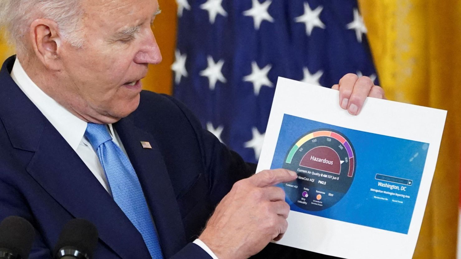 President Joe Biden shows an air quality chart caused by Canadian wildfires before a joint-press conference with British Prime Minister Rishi Sunak in the East Room of the White House in Washington on June 8, 2023.