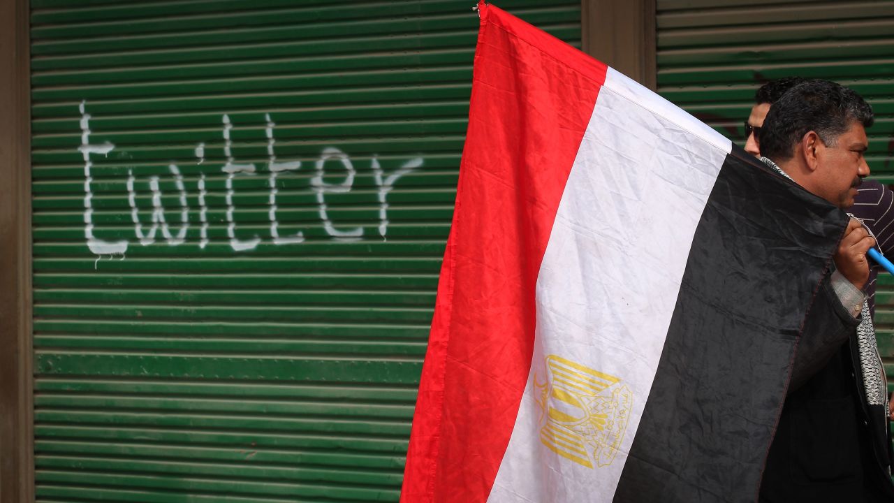 A shop in Cairo, Egypt, is seen in February 2011 spray painted with the word Twitter after the government at the time shut off internet access.