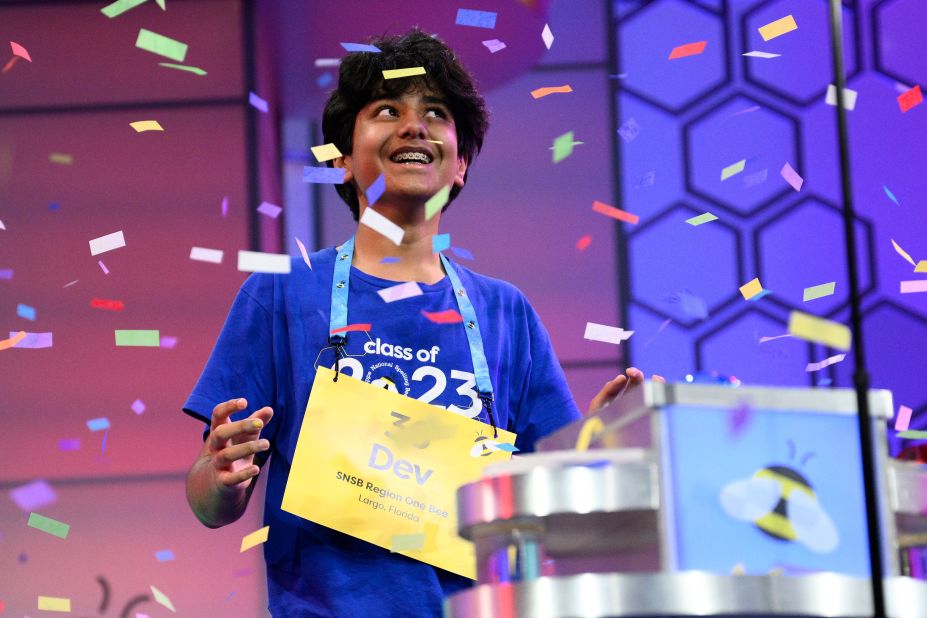 Confetti flies around Dev Shah, a 14-year-old from Largo, Florida, after <a href="https://www.cnn.com/2023/06/01/us/scripps-spelling-bee-2023-winner/index.html" target="_blank">he won the Scripps National Spelling Bee</a> on Thursday, June 1.