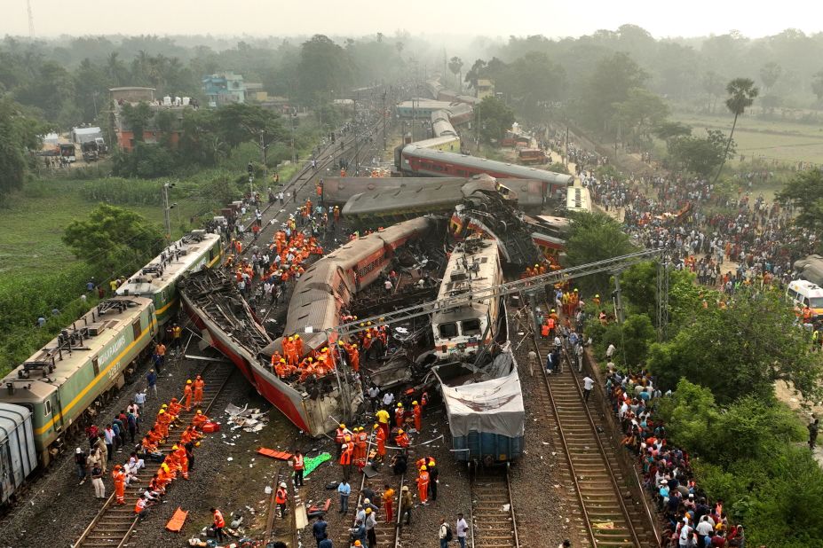 Rescuers work at the site of a <a href="https://www.cnn.com/2023/06/03/india/india-odisha-train-crash-saturday-intl-hnk/index.html" target="_blank">deadly train crash</a> in India's Orissa state on Saturday, June 3. More than 280 people were killed and more than 1,100 were injured in a three-way crash involving two passenger trains and a freight train.