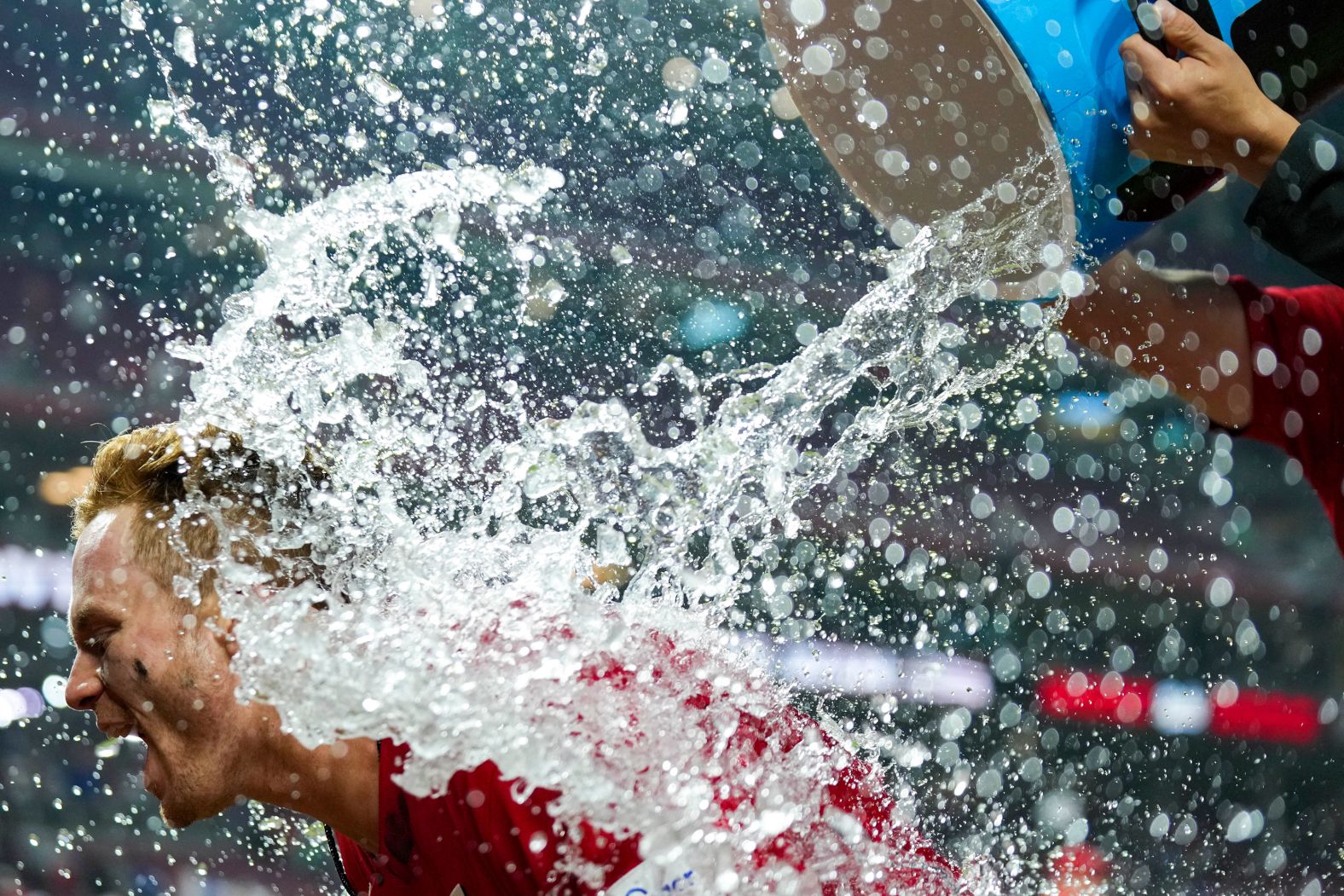 The Cincinnati Reds' Matt McLain is doused by teammates after driving in the winning run against the Los Angeles Dodgers during a Major League Baseball game on Tuesday, June 6.