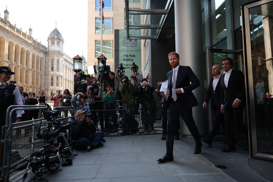 Britain's Prince Harry leaves the Royal Courts of Justice in London on Wednesday, June 7. He was testifying as part of his lawsuit against a major British newspaper publisher. He is <a href=