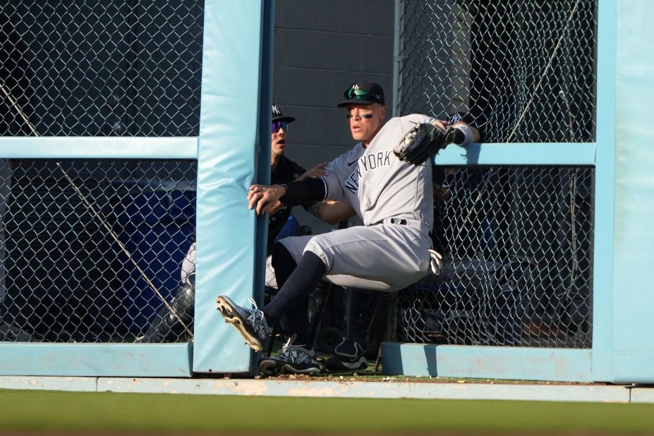 New York Yankees right fielder Aaron Judge crashes into a wall at Dodger Stadium as he caught a fly ball during a Major League Baseball game in Los Angeles on Saturday, June 3. The superstar sprained his toe on the play and was later placed on the 10-day injured list.