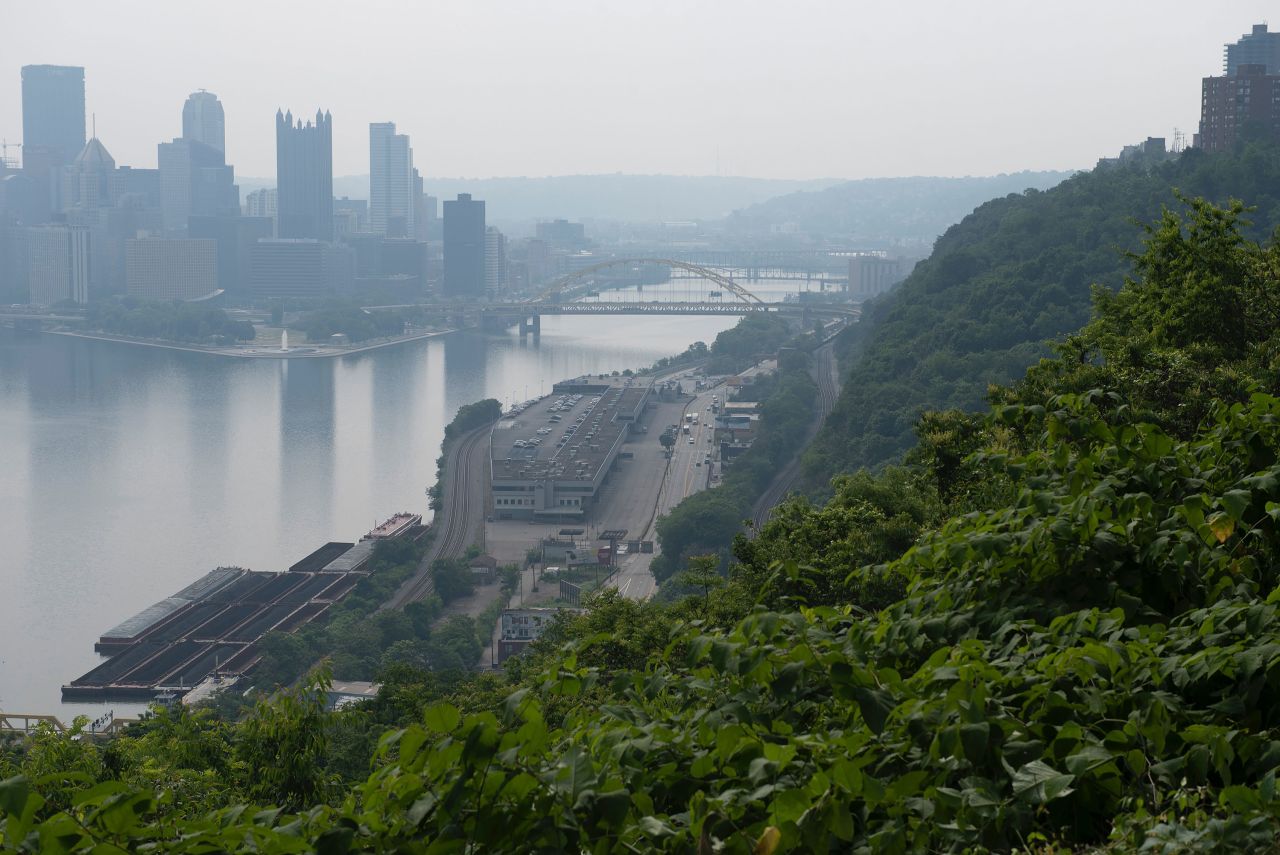 Smoke from Canadian wildfires obscures the visibility in Pittsburgh on Thursday, June 8.
