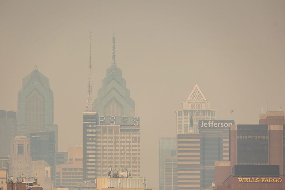 Buildings in the Philadelphia skyline are shrouded in smoke on June 8.