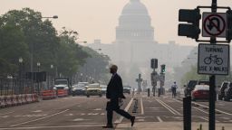 The US Capitol shrouded in smoke from Canada wildfires in Washington, DC, US, on Thursday, June 8, 2023. The US Northeast will continue to breathe in choking smoke from fires across eastern Canada for the next few days, raising health alarms across impacted areas. Photographer: Al Drago/Bloomberg