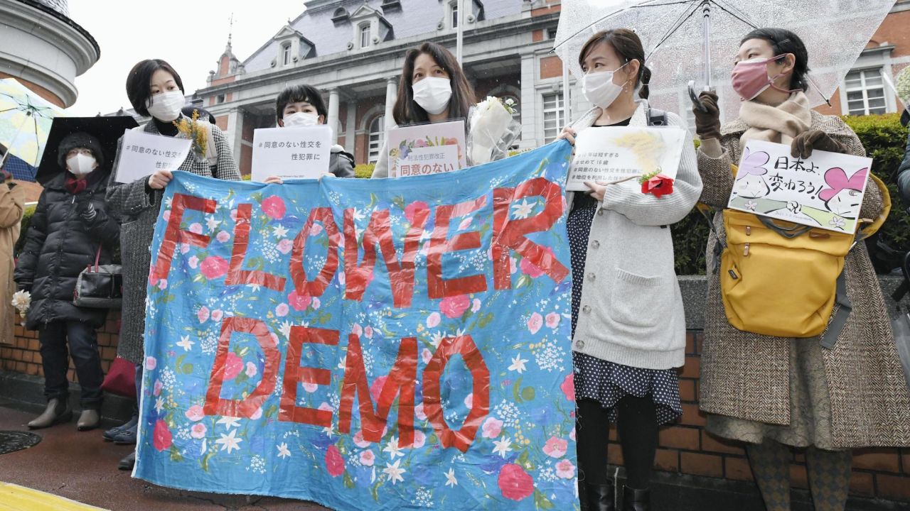 Japanese women hold a protest against sexual violence, in a movement dubbed the Flower Demo, on March 8, 2021, in Tokyo.