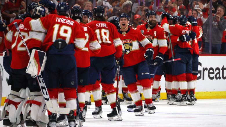 SUNRISE, FLORIDA - JUNE 08:  The Florida Panthers celebrate the game-winning goal by Carter Verhaeghe #23 during the first overtime period to give the team a 3-2 win against the Vegas Golden Knights in Game Three of the 2023 NHL Stanley Cup Final at FLA Live Arena on June 08, 2023 in Sunrise, Florida. (Photo by Bruce Bennett/Getty Images)