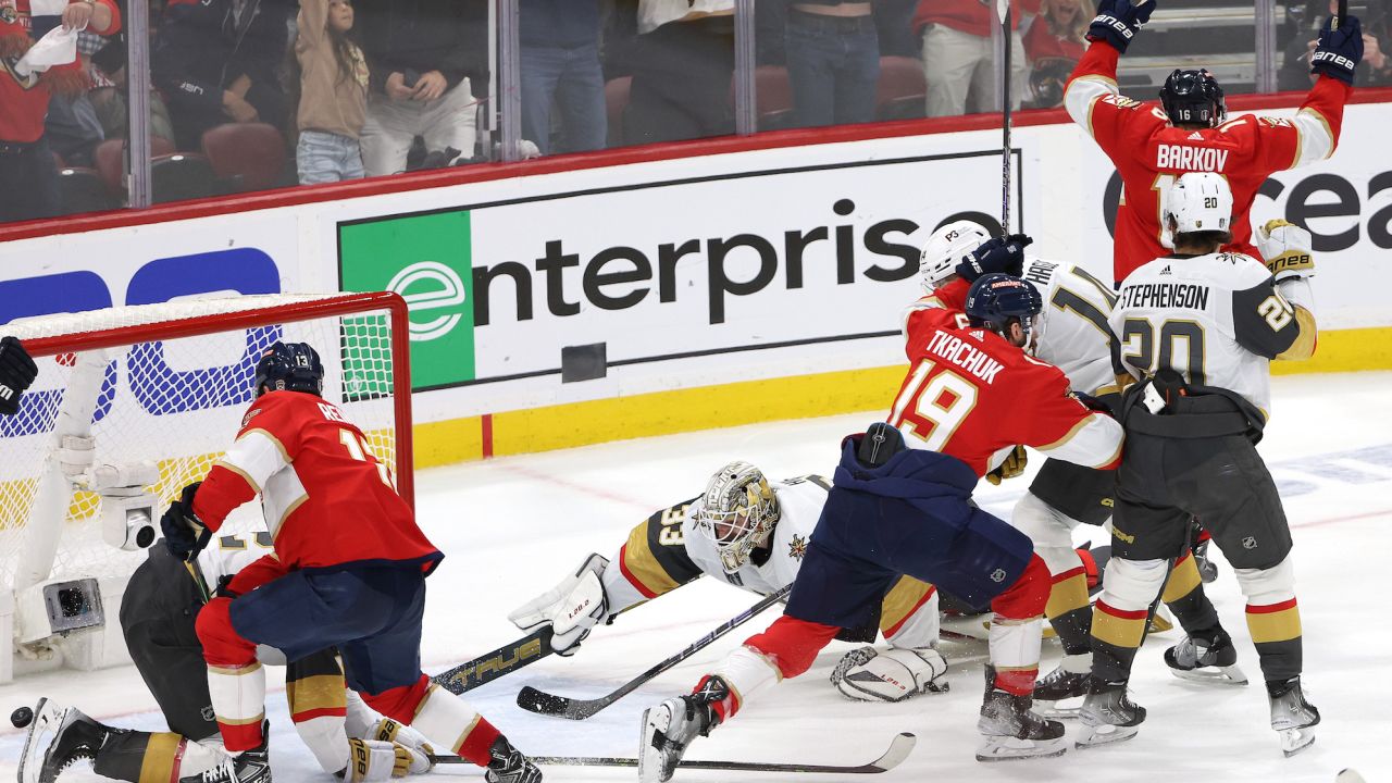 SUNRISE, FLORIDA - JUNE 08:  Matthew Tkachuk #19 of the Florida Panthers scores a goal past Adin Hill #33 of the Vegas Golden Knights during the third period in Game Three of the 2023 NHL Stanley Cup Final at FLA Live Arena on June 08, 2023 in Sunrise, Florida. (Photo by Patrick Smith/Getty Images)