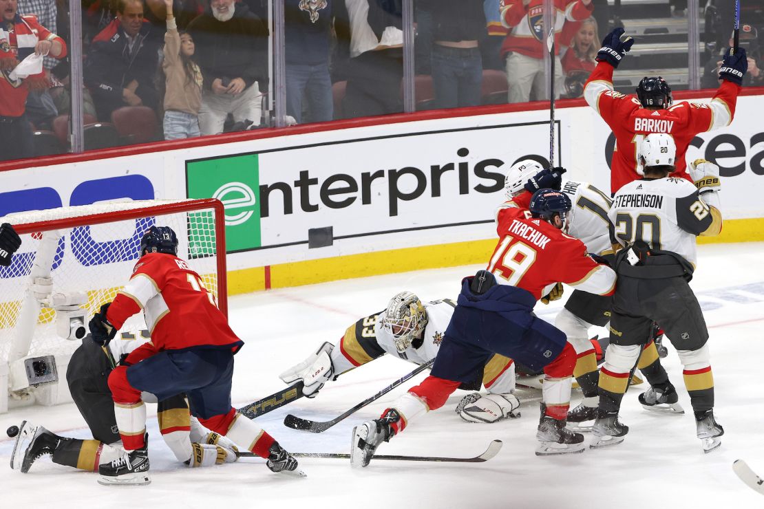 SUNRISE, FLORIDA - JUNE 08:  Matthew Tkachuk #19 of the Florida Panthers scores a goal past Adin Hill #33 of the Vegas Golden Knights during the third period in Game Three of the 2023 NHL Stanley Cup Final at FLA Live Arena on June 08, 2023 in Sunrise, Florida. (Photo by Patrick Smith/Getty Images)