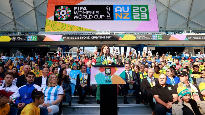 SYDNEY, AUSTRALIA - APRIL 11: Minister for Sport Anika Wells speaks during the FIFA Women's World Cup 100 Days To Go launch event at Sydney Football Stadium on April 11, 2023 in Sydney, Australia.