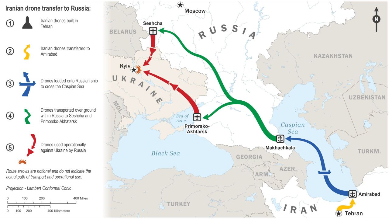  The route Iran is using to send drones and other equipment to Russia, according to the US government.