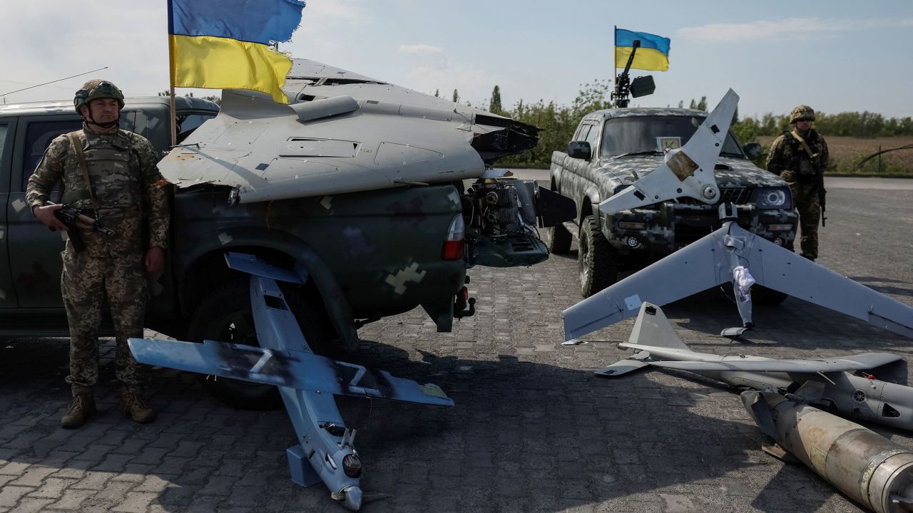 Destroyed Russian drones near the town of Borispil, Kyiv region, Ukraine May 10, 2023. 