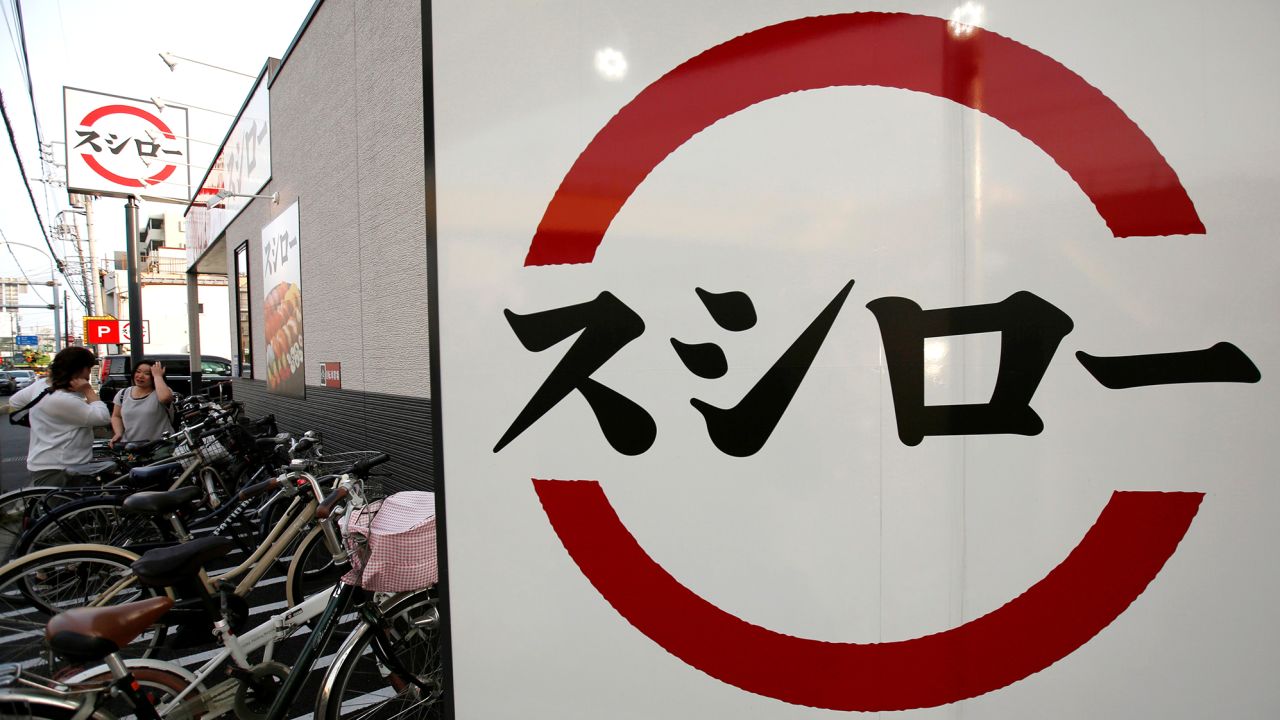 A file photo showing the logo of sushi restaurant chain Sushiro, operated by Akindo Sushiro Co., outside a restaurant in Kawaguchi, Saitama prefecture, in Japan.