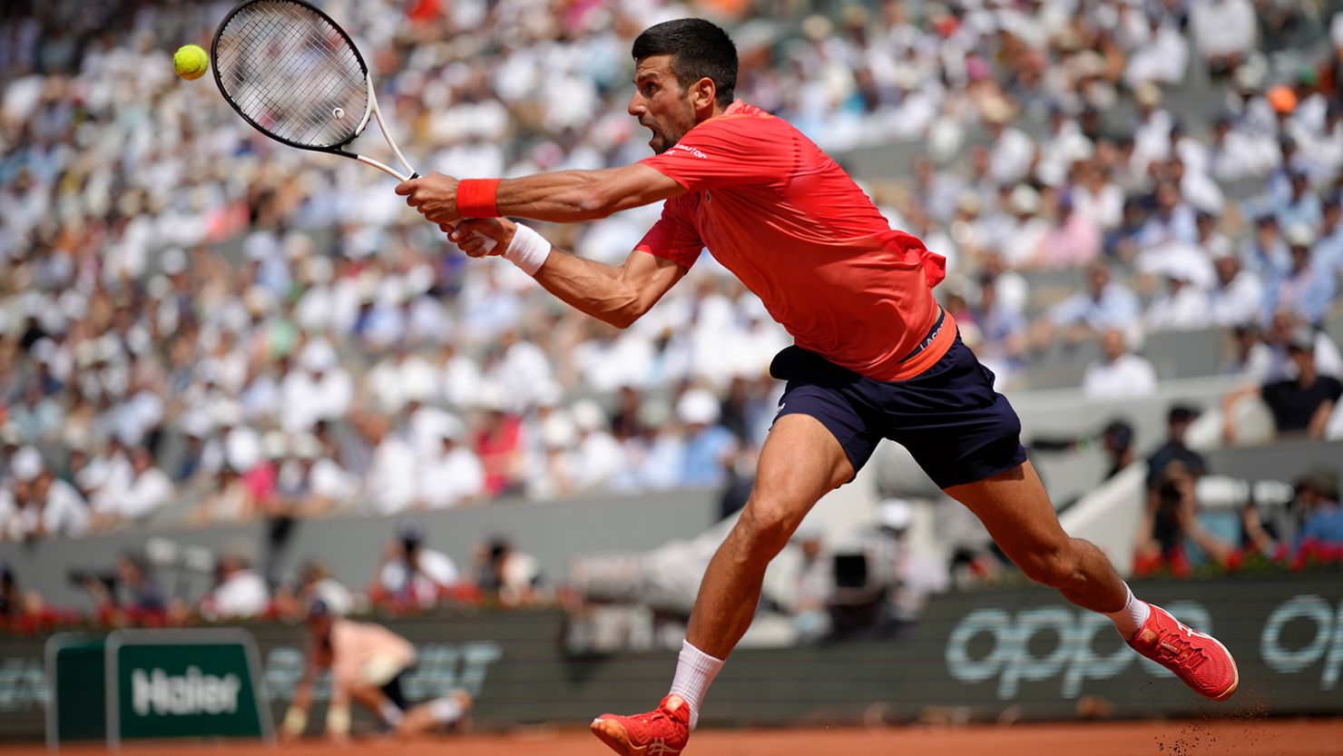Serbia's Novak Djokovic plays a shot against Spain's Carlos Alcaraz during their semifinal match of the French Open tennis tournament of the French Open tennis tournament at the Roland Garros stadium in Paris, Friday, June 9, 2023. (AP Photo/Christophe Ena)
