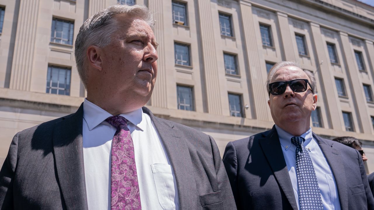 Jim Trusty, left, and John Rowley, attorneys for former US President Donald Trump, exit the US Department of Justice in Washington on Monday, June 5, 2023. 