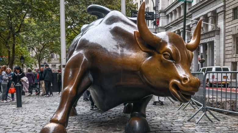 Charging Bull bronze sculpture in the Financial District of Manhattan, New York, United States, on October 23, 2022. The sculpture was created by Italian artist Arturo Di Modica in the wake of the 1987 Black Monday stock market crash. 