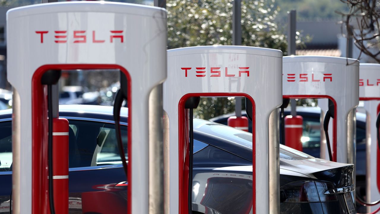 SAN RAFAEL, CALIFORNIA - FEBRUARY 15: A view of Tesla Superchargers on February 15, 2023 in San Rafael, California. 