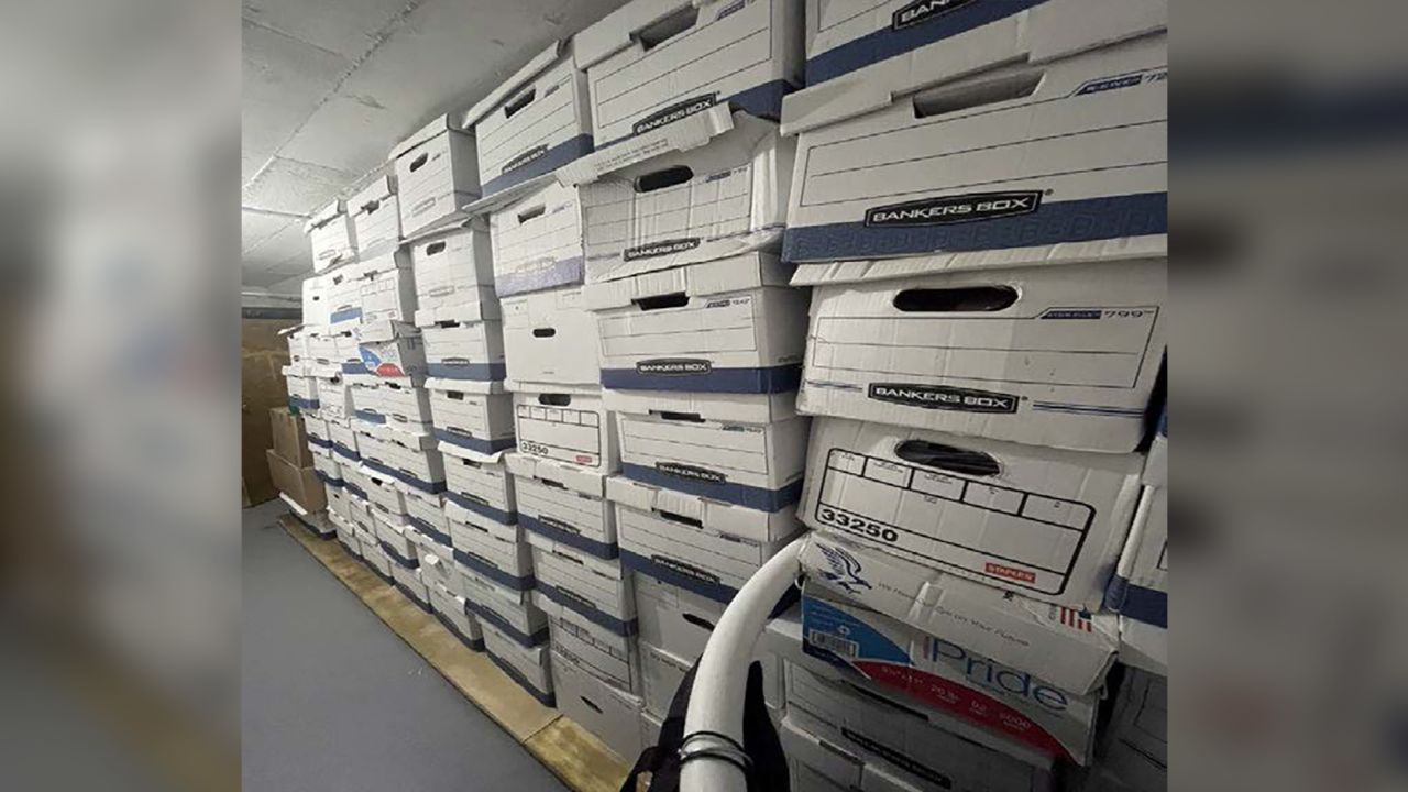 Boxes are stacked in the storage room, in this photo included in Donald Trump's federal indictment.