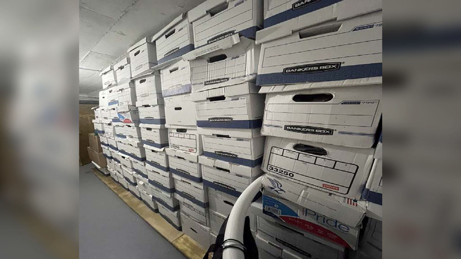 Boxes are stacked in the storage room, in this photo included in Donald Trump's federal indictment. 