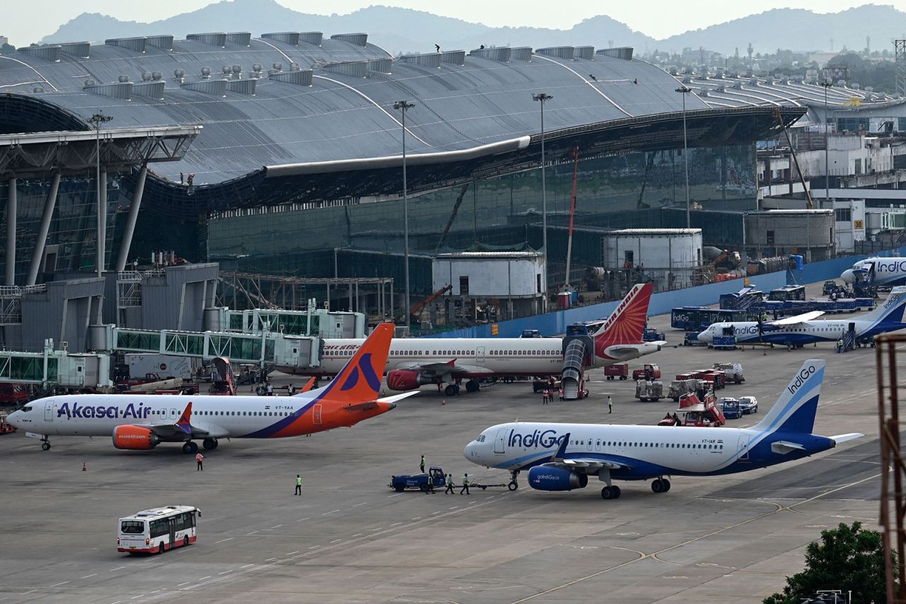 Passenger aircrafts stand on the tarmac of the Anna International Airport on the occasion of the International Day of the Air Traffic Controller, in Chennai on October 20, 2022. (Photo by Arun SANKAR / AFP) (Photo by ARUN SANKAR/AFP via Getty Images)