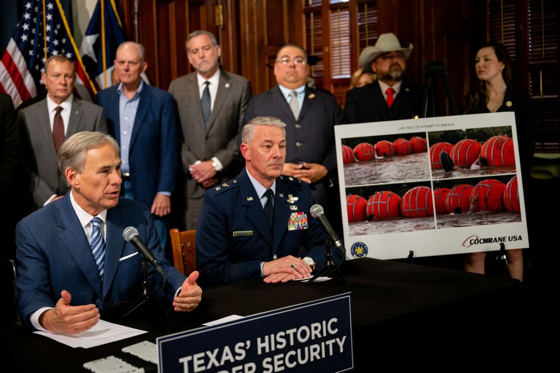 Texas Gov. Greg Abbott speaks about an illustration of new border security implementation during a news conference at the Texas State Capitol on June 08, 2023, in Austin, Texas. 