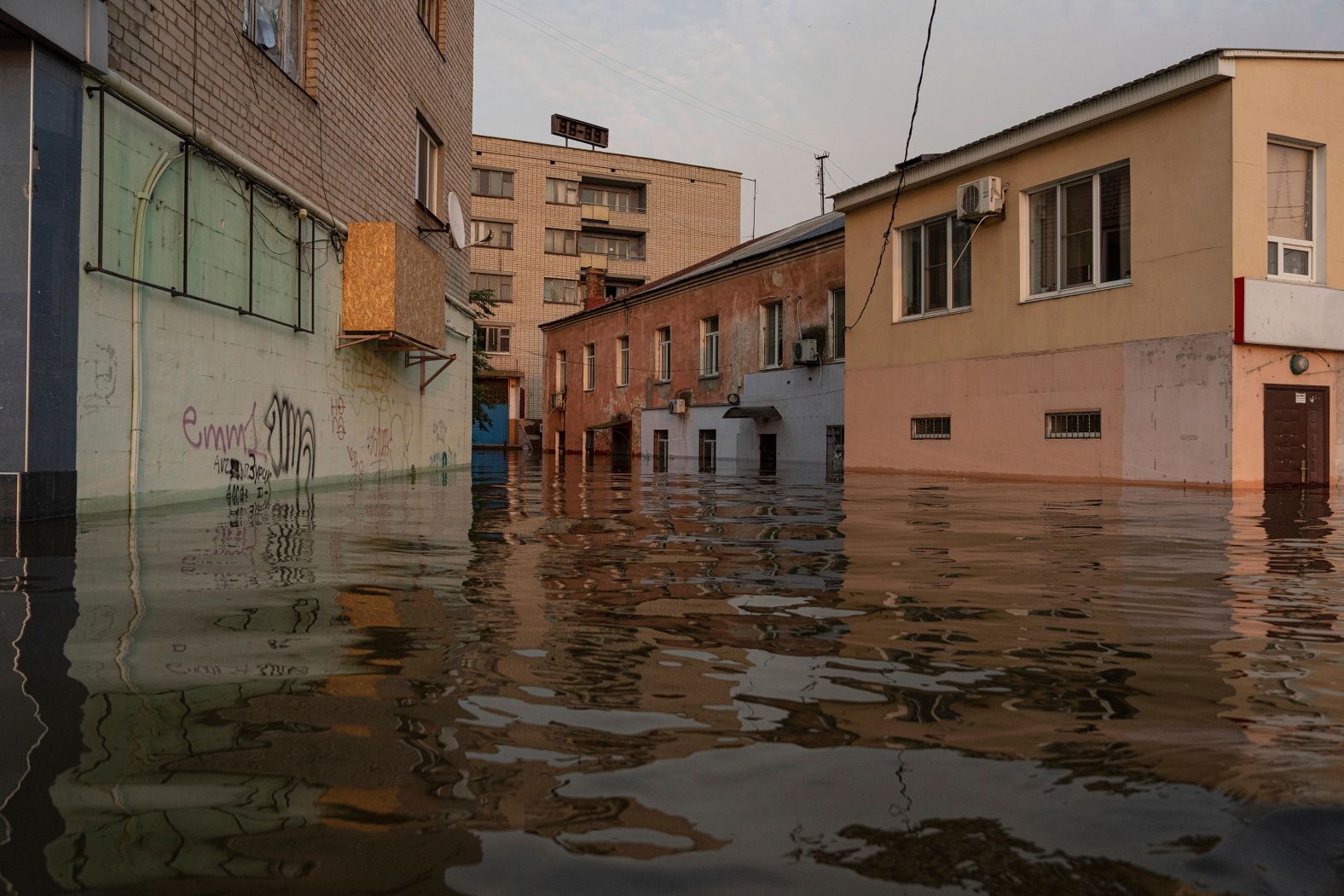 Houses in a flooded Kherson neighborhood on June 7.