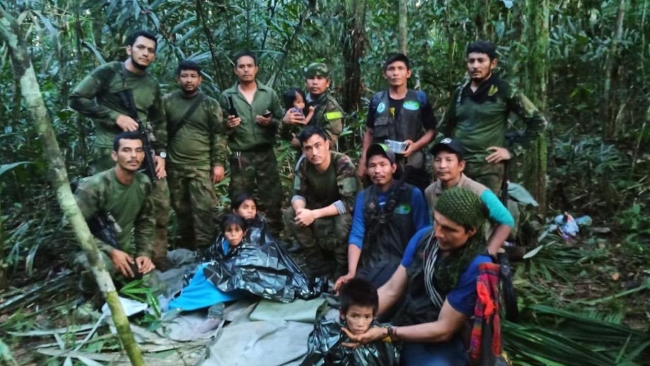 Colombian President Gustavo Petro shared the photo via social media saying, "A joy for the whole country! The four children who were lost 40 days ago in the Colombian jungle appeared alive."