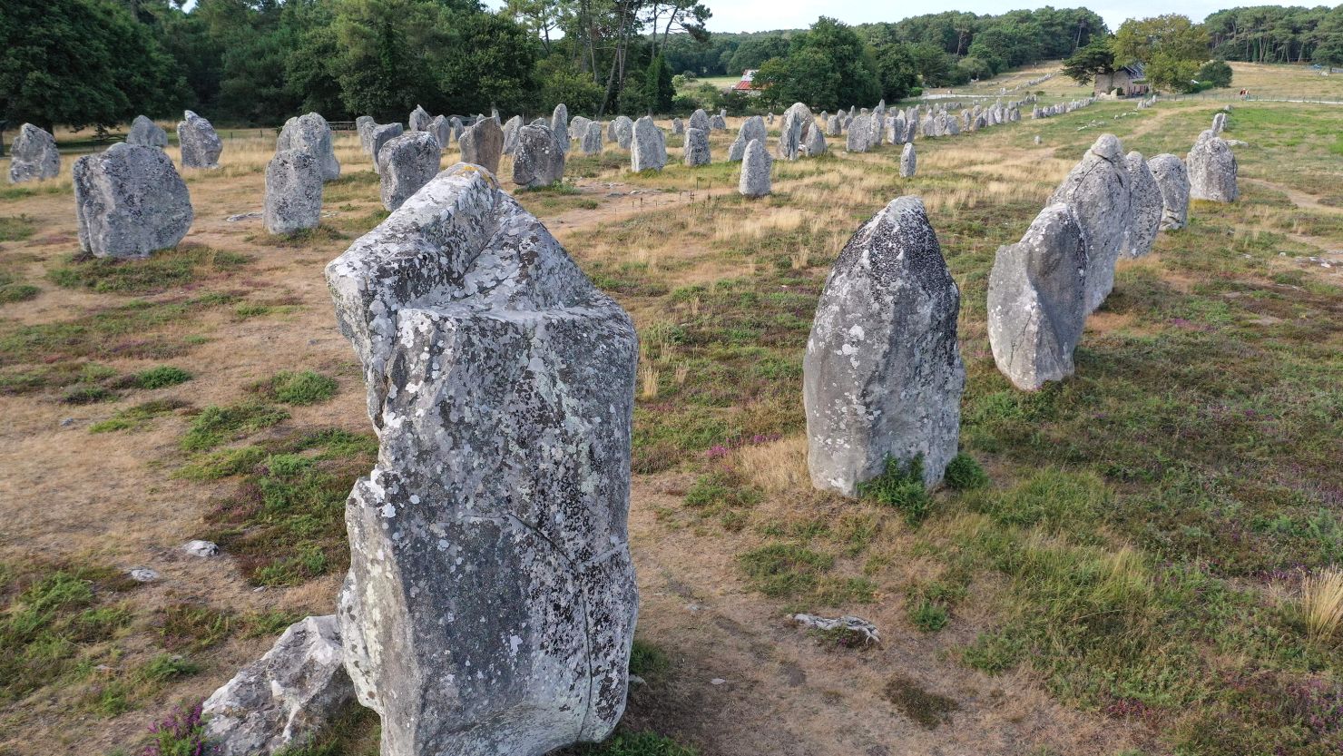 This aerial picture taken on August 4, 2019 shows the Carnac standing stones, a collection of Neolithic stones at a site in the city of Carnac, western France.