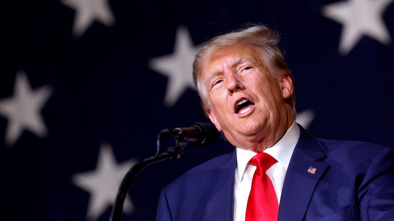 COLUMBUS, GEORGIA - JUNE 10: Former U.S. President Donald Trump delivers remarks during the Georgia state GOP convention at the Columbus Convention and Trade Center on June 10, 2023 in Columbus, Georgia. On Friday, former President Trump was indicted by a federal grand jury on 37 felony counts in Special Counsel Jack Smith's classified documents probe. (Photo by Anna Moneymaker/Getty Images)