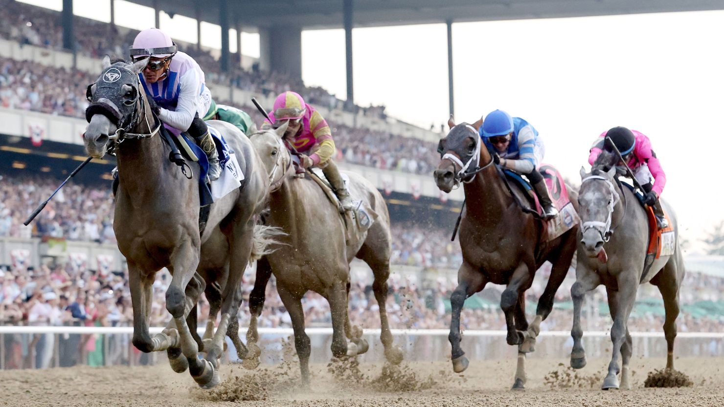 Arcangelo, ridden by jockey Javier Castellano, wins the 155th Belmont Stakes at Belmont Park, the finale of the Triple Crown. 