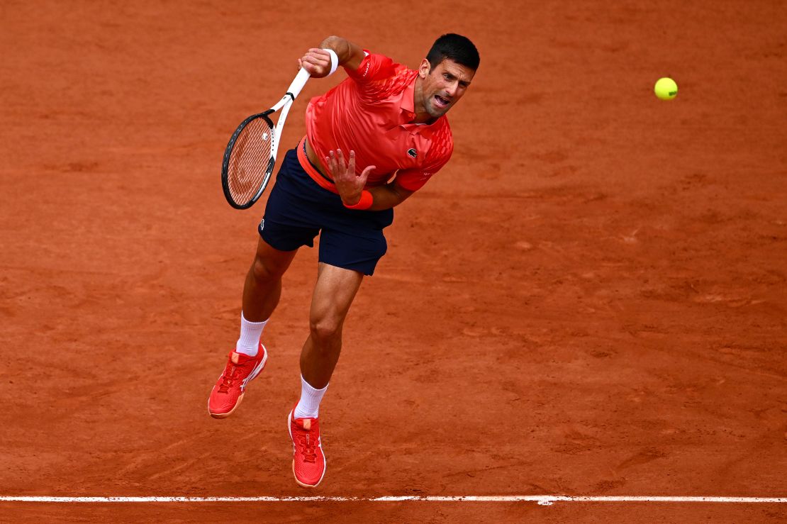 Novak Djokovic of Serbia serves against Casper Ruud of Norway during the Men's Singles Final match on Day Fifteen of the 2023 French Open at Roland Garros on June 11, 2023 in Paris, France.