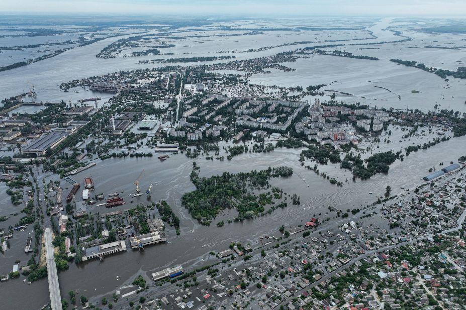 A neighborhood of Kherson, Ukraine, remains flooded Saturday, June 10, following the collapse of the Nova Kakhovka dam days earlier.