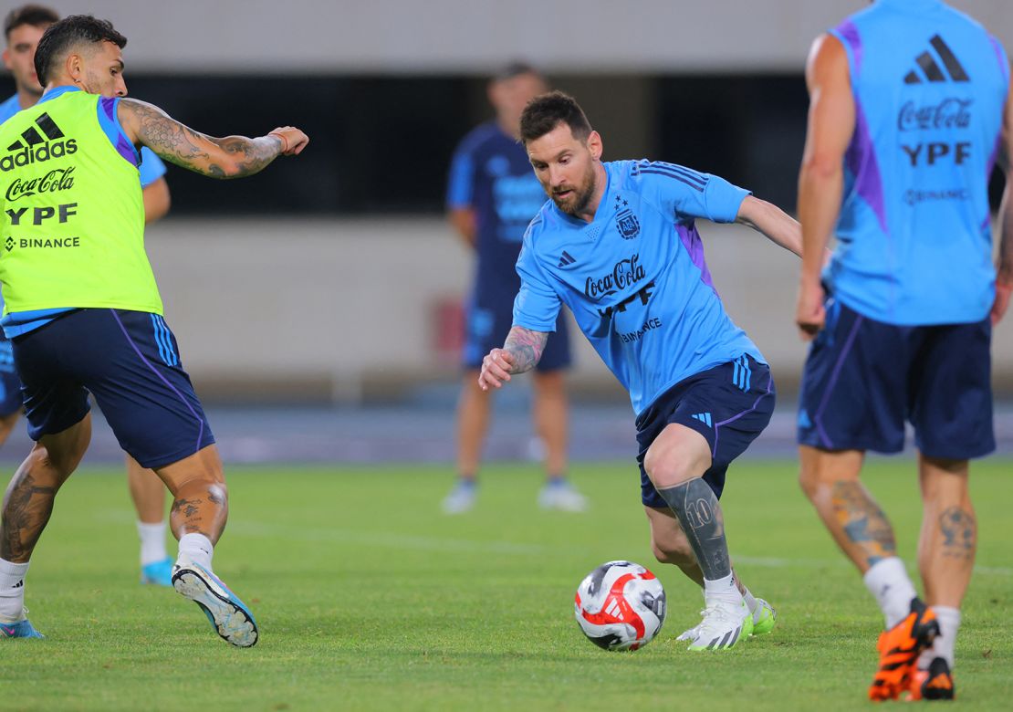 Argentina's Lionel Messi  trains at the Beijing Olympic Stadium on June 11, 2023.