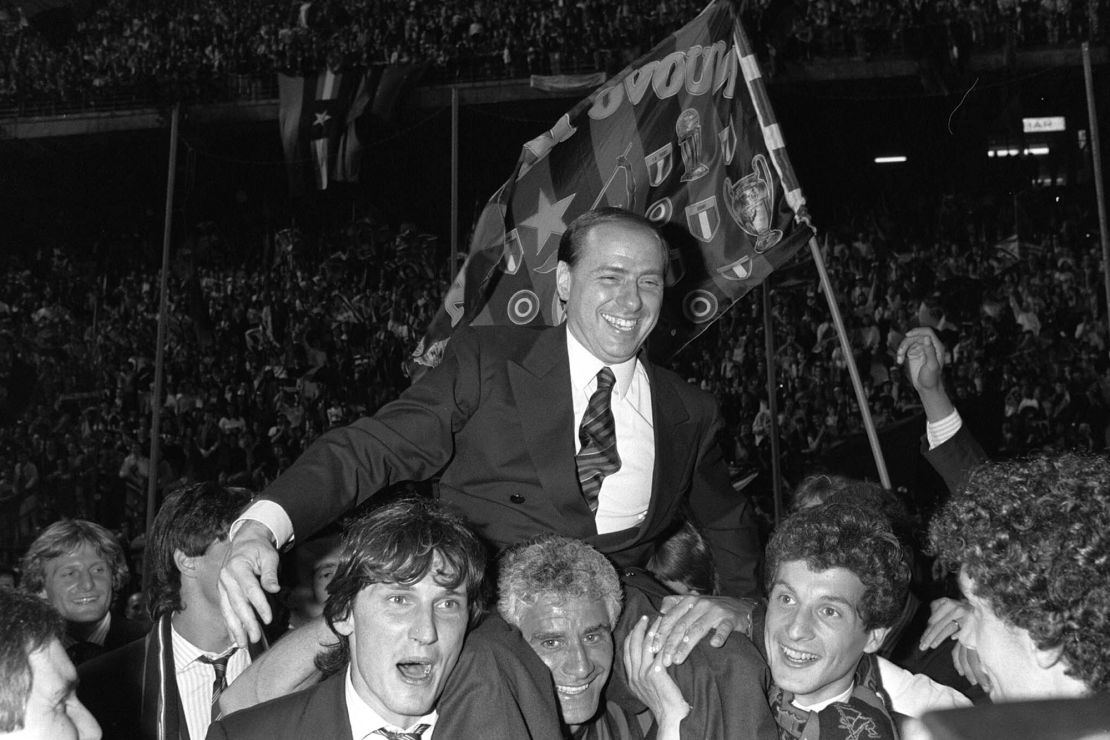AC Milan president Silvio Berlusconi is shoulder-carried by Milan players after winning the 1988 Italian championship at Milan's San Siro stadium, Italy. From his grand entrance by helicopter after buying AC Milan to empowering Monza up to Serie A for the first time in its history, Silvio Berlusconi dominated Italian soccer for decades just like he commanded the show in Italian politics. Berlusconi, a former three-time Italian premier, died Monday, according to his television network. He was 86.