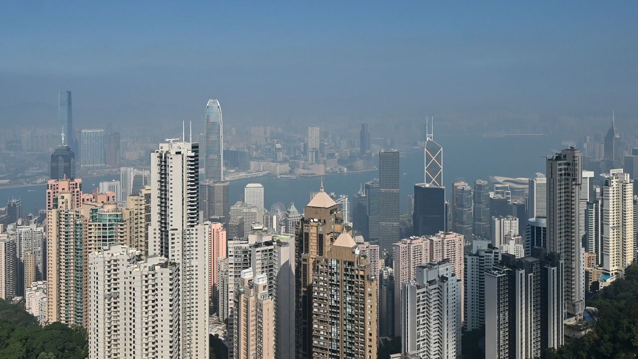 A veil of smog hangs over the Hong Kong skyline on December 29, 2021.