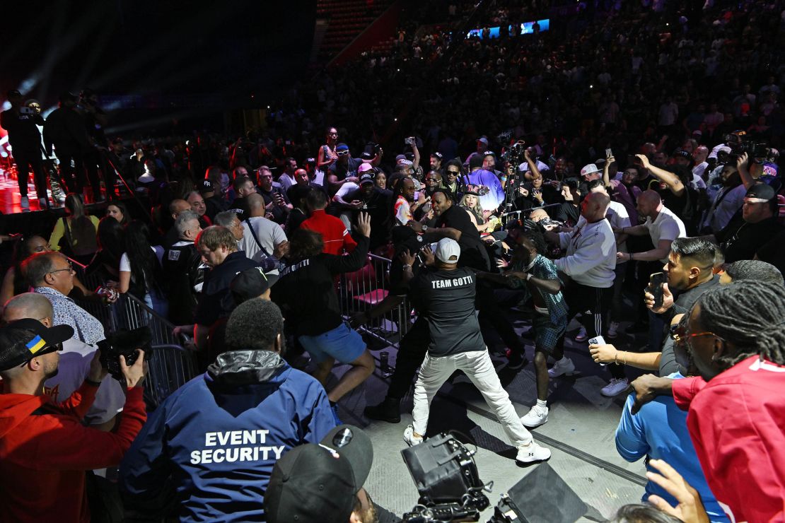 Mandatory Credit: Photo by Larry Marano/Shutterstock (13961154ap)
The fight was stopped early, as chaos erupts after both camps got involved and fans entered the ring during Floyd Mayweather Vs John Gotti III
Floyd Mayweather v John Gotti III at The FLA Live Arena, Sunrise, Florida, USA - 11 Jun 2023