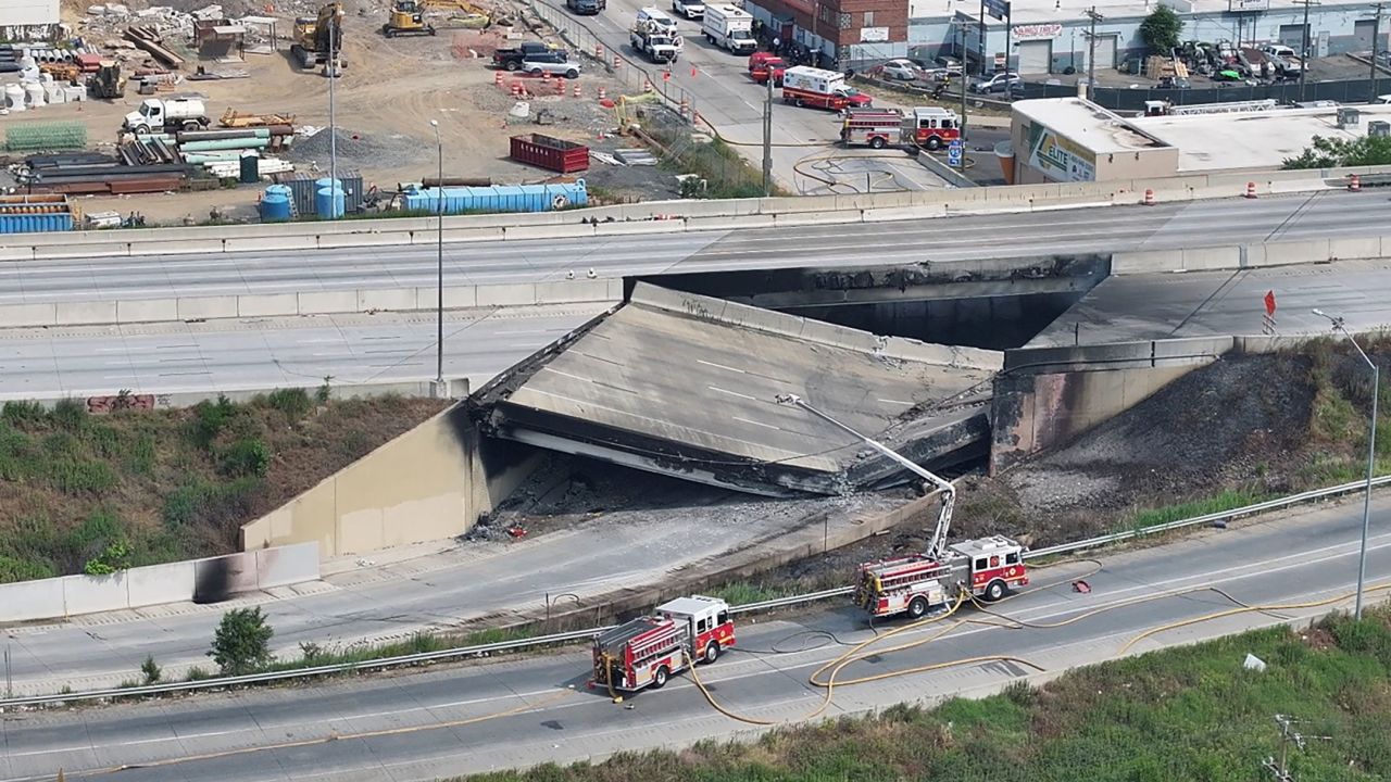 A view of the aftermath of the collapse of a part of I-95 highway after a fuel tanker exploded beneath it, in Philadelphia on June 11 in this still image obtained from a social media video. 