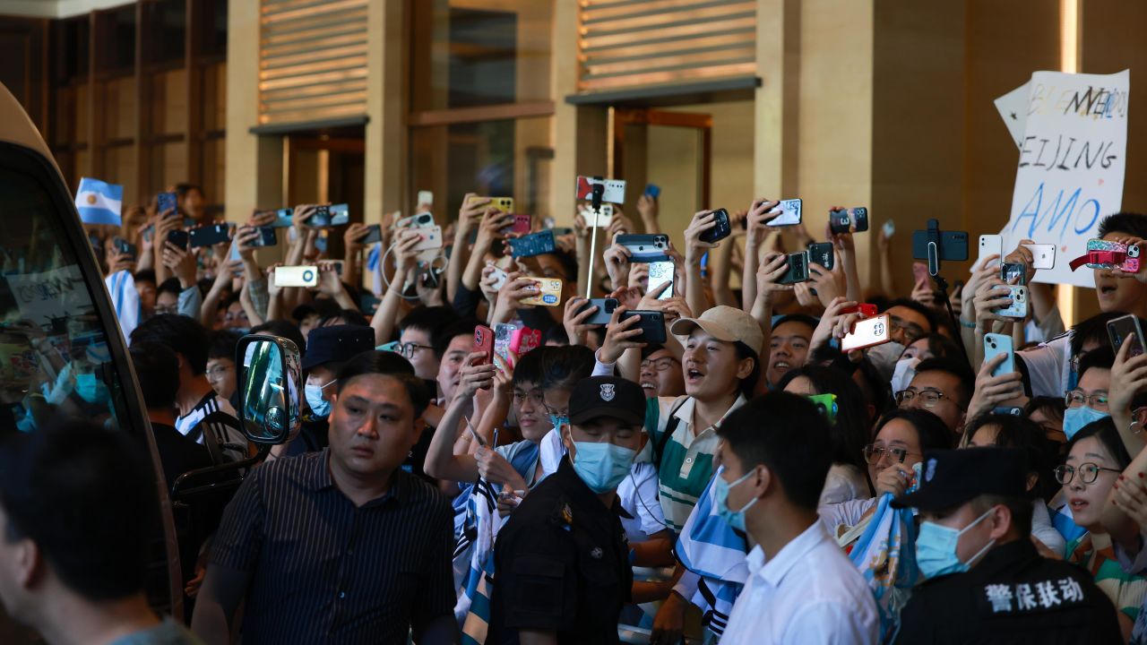 Fans wait for the arrival of Lionel Messi at a hotel ahead of 2023 International Football Invitation match between Argentina and Australia on June 10, 2023 in Beijing, China. 