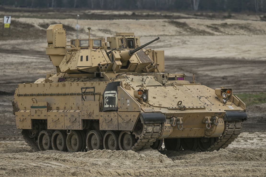 US soldiers from 2nd Battalion, 70th Armored Regiment, 1st Infantry Division, train with Bradley Fighting Vehicles at Nowa Deba, in Nowa Deba, Poland, on April 12, 2023.