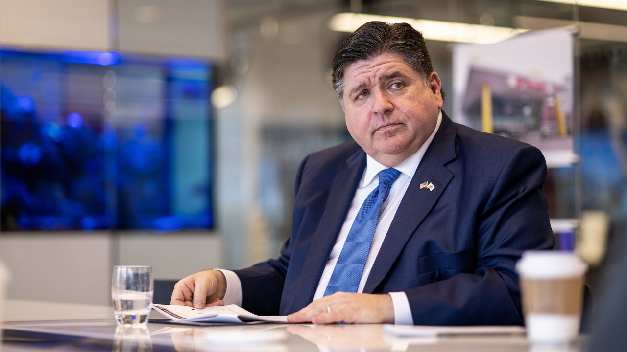 J.B. Pritzker, governor of Illinois, during an interview in Chicago, Illinois, US, on Thursday, Feb. 23, 2023. Pritzker discussed paying down debt, the state getting a credit upgrade, crime, and Citadel's Ken Griffin moving his firm out of state. Photographer: Christopher Dilts/Bloomberg