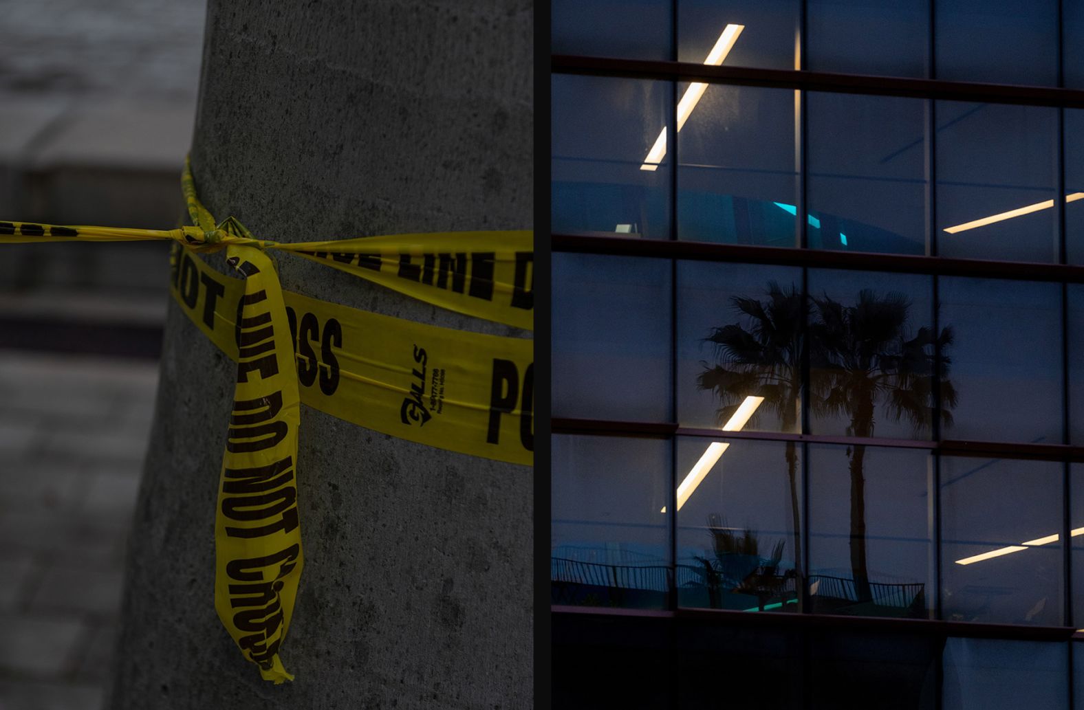 Police tape is wrapped around a tree outside the courthouse.