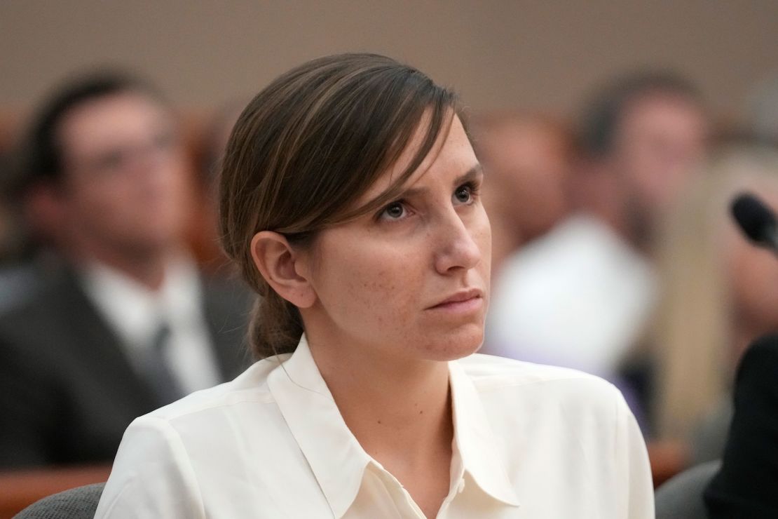 Kouri Richins, a Utah mother of three who authorities say fatally poisoned her husband then wrote a children's book about grieving, looks on during a bail hearing Monday, June 12, 2023, in Park City, Utah. A judge ruled to keep her in custody for the duration of her trial. 