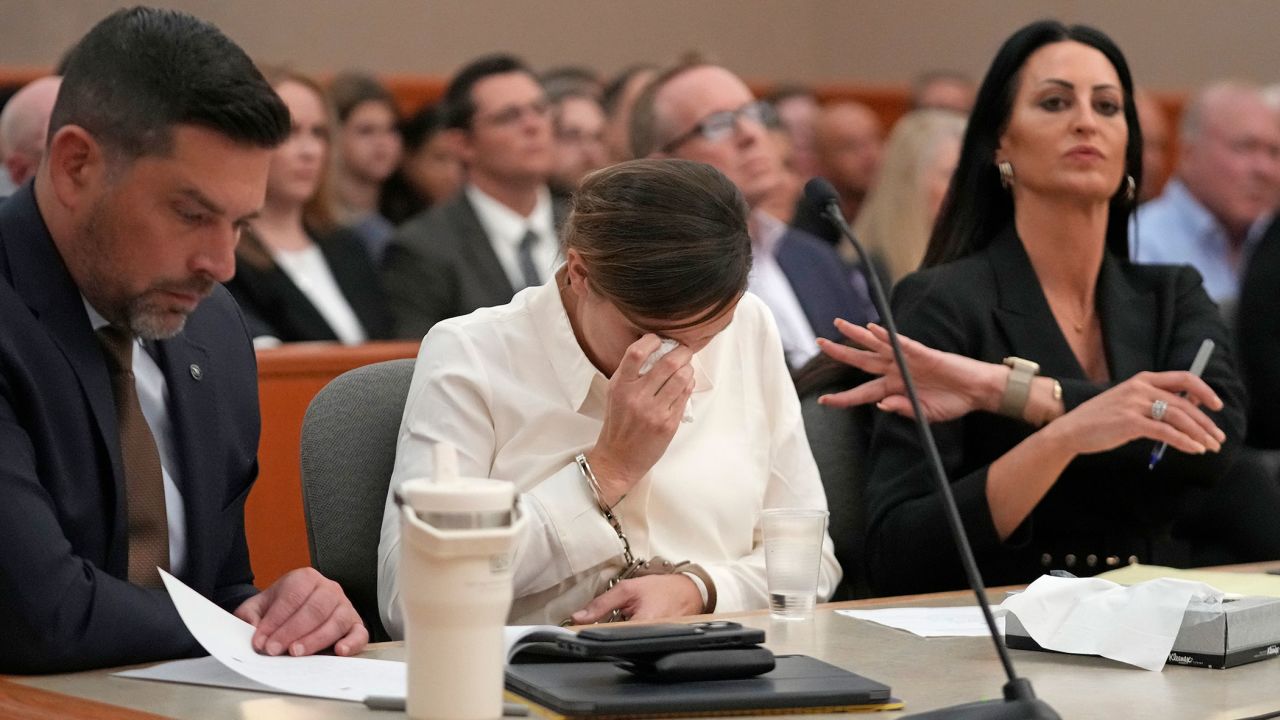 Kouri Richins, a Utah mother of three who authorities say fatally poisoned her husband then wrote a children's book about grieving, cries during a bail hearing Monday, June 12, 2023, in Park City, Utah. A judge ruled to keep her in custody for the duration of her trial. 