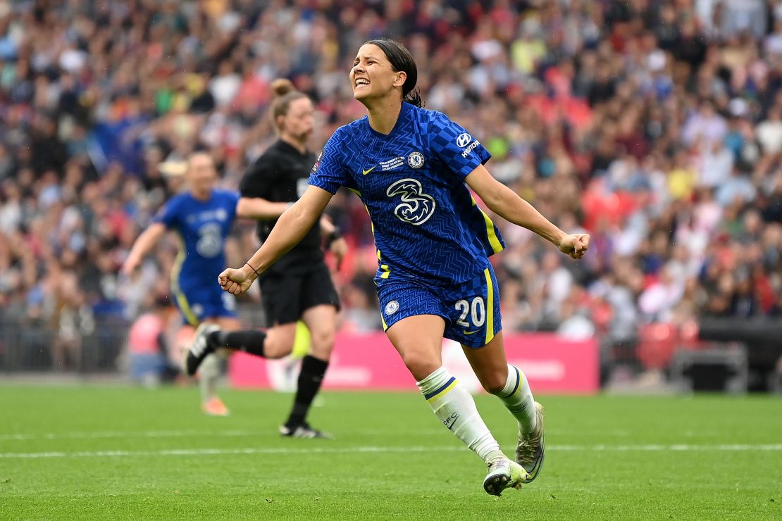 LONDON, ENGLAND - MAY 15: Sam Kerr of Chelsea celebrates after scoring their team's third goal during the Vitality Women's FA Cup Final match between Chelsea Women and Manchester City Women at Wembley Stadium on May 15, 2022 in London, England.