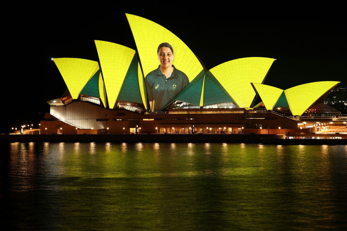 SYDNEY, AUSTRALIA - SEPTEMBER 05: Australian Olympian Sam Kerr  is  projected onto the Sydney Opera House on September 05, 2021 in Sydney, Australia. Images are reflected onto the sails of the Sydney Opera House to celebrate the 486 Australians that competed in the Tokyo 2020 Olympic Games, and 179 Australians that competed in the Tokyo 2020 Paralympic Games.