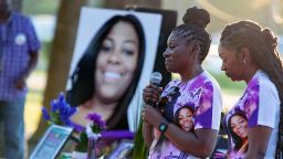 Pamela Dias, second from right, remembers her daughter, Ajike Owens, as mourners gather for a remembrance service at Immerse Church of Ocala on June 8, 2023.
