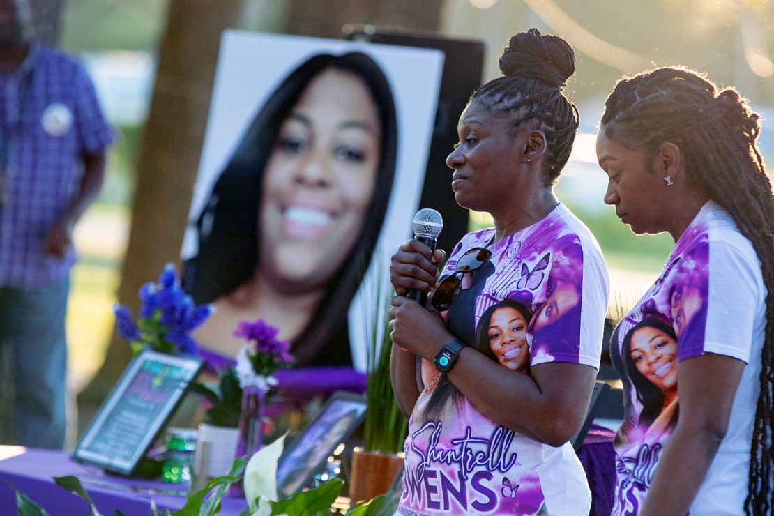 Pamela Dias, second from right, remembers her daughter, Ajike Owens, as mourners gather for a remembrance service at Immerse Church of Ocala for Owens, Thursday, June 8, 2023, in Ocala, Florida. 