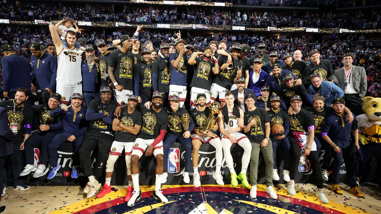The Denver Nuggets celebrate after beating the Miami Heat in the NBA Finals.
